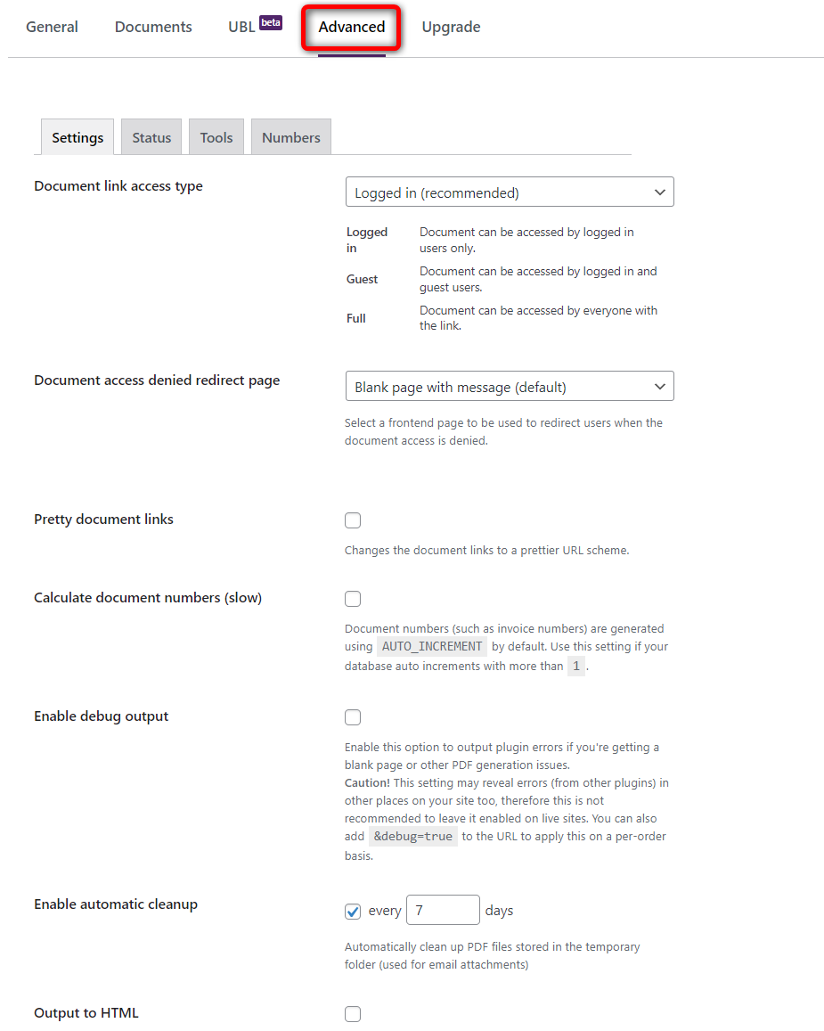 Configure advanced settings of WooCommerce PDF Invoices & Packing Slips