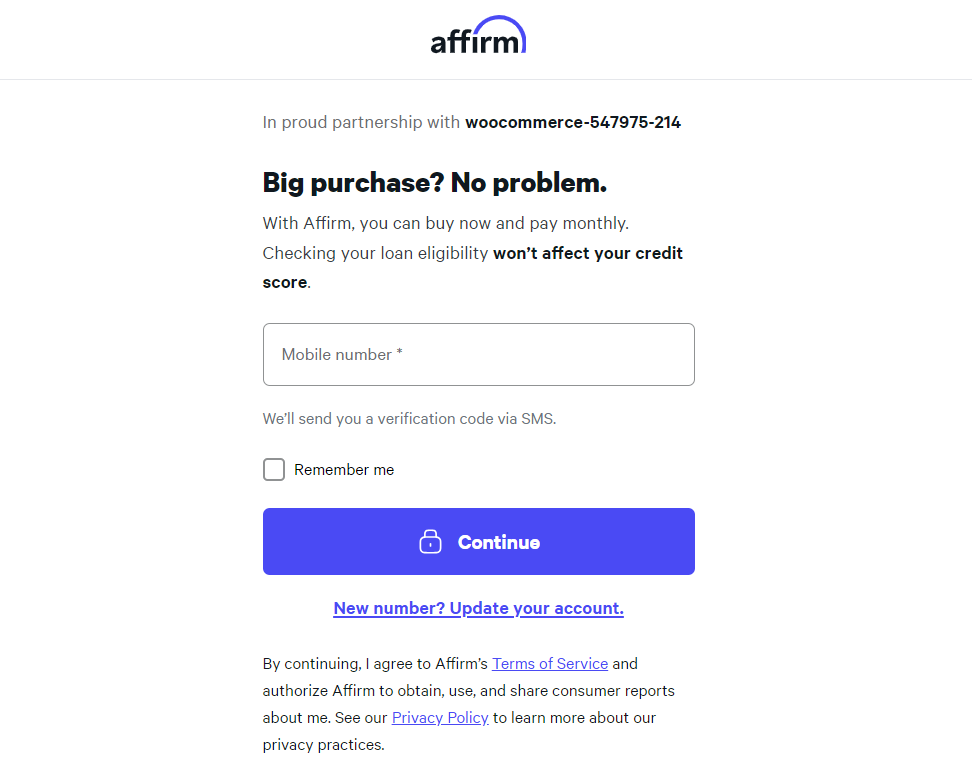 Testing woocommerce affirm payment - verify the phone number