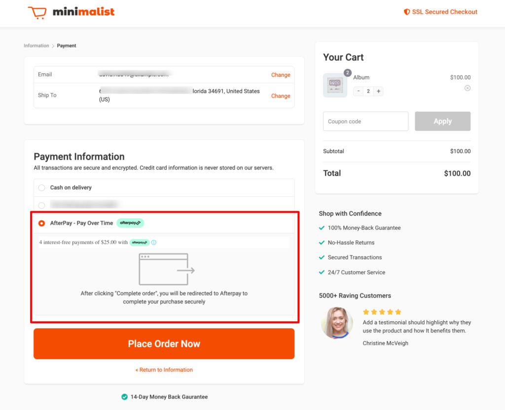 after pay preview on checkout page with minimalist template