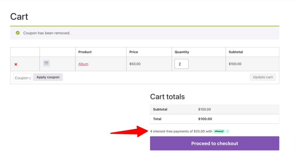 afterpay text preview on cart page