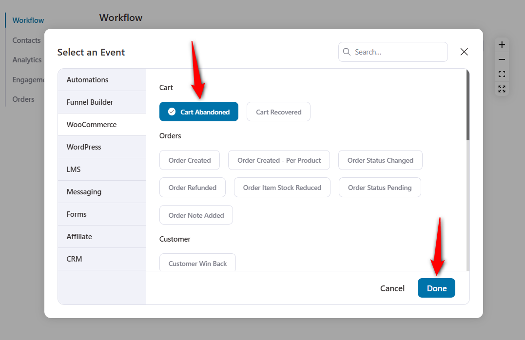 Select 'Cart Abandoned' as your Event under WooCommerce