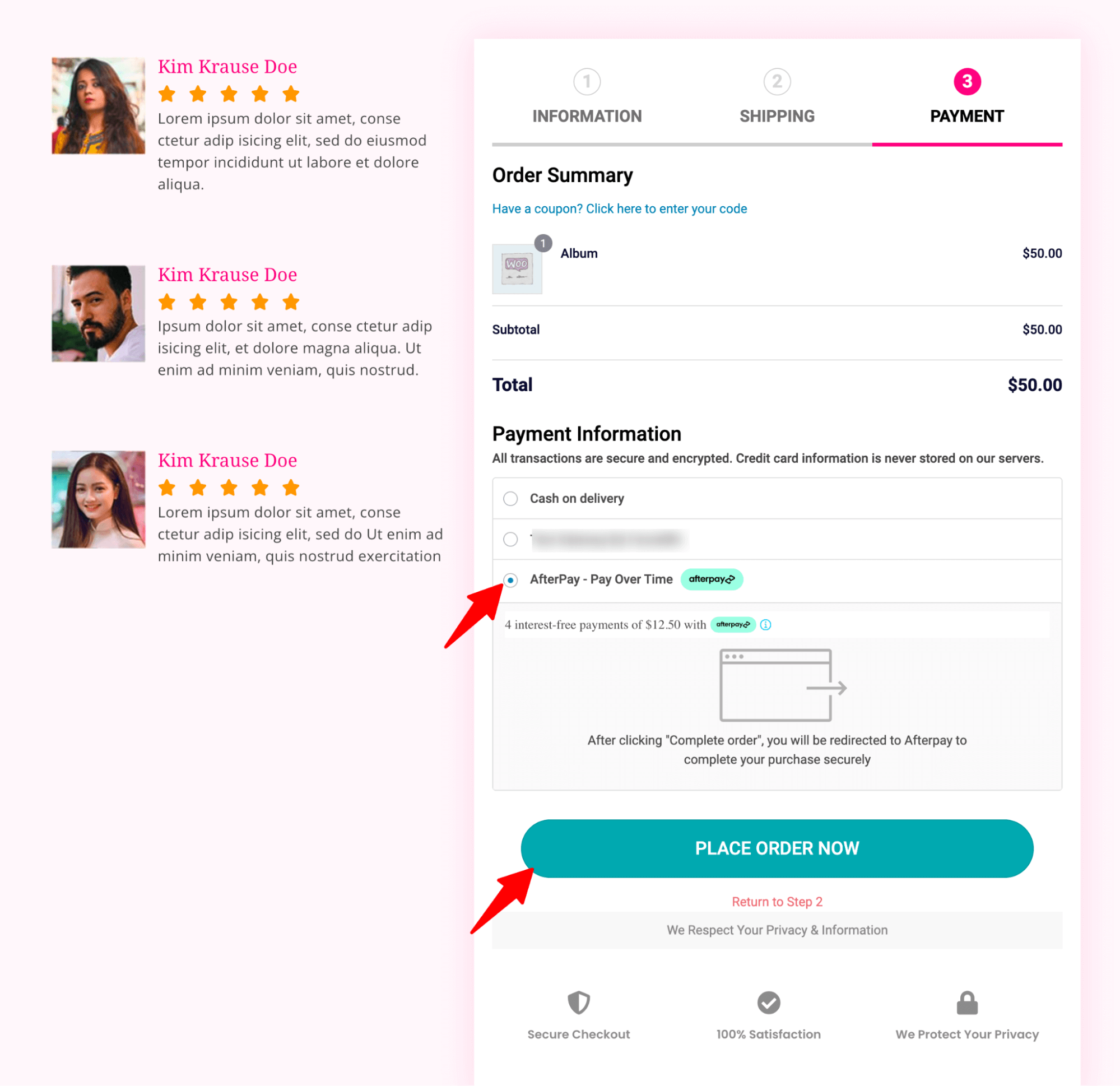 choose afterpay and place order rossetta template by FunnelKit Funnel Builder