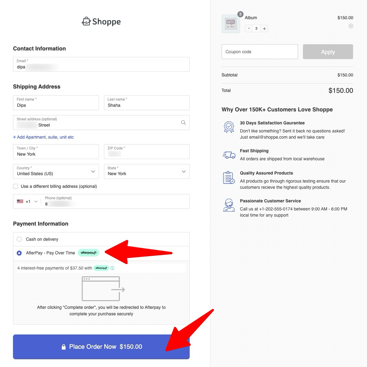 choose afterpay and place order