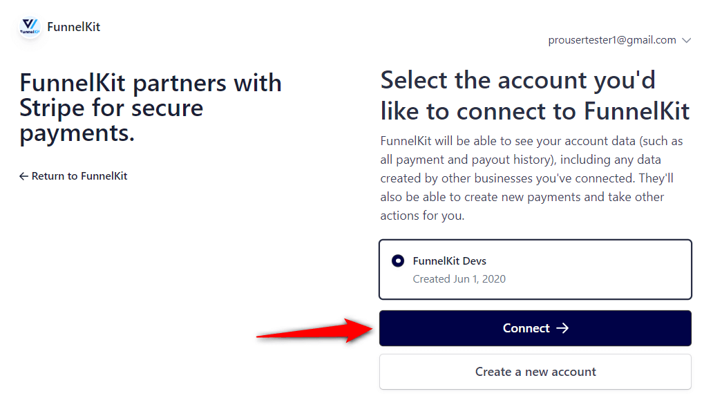 choose funnelkit dev account and connect to stripe