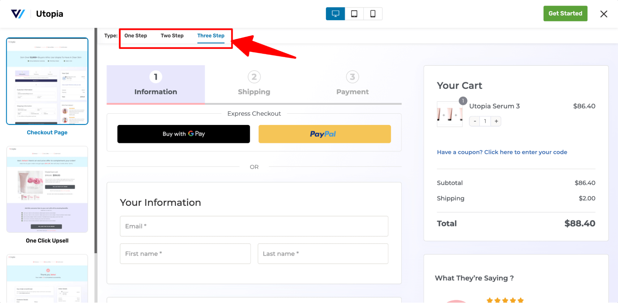 choose steps of WooCommerce checkout page Utopia template