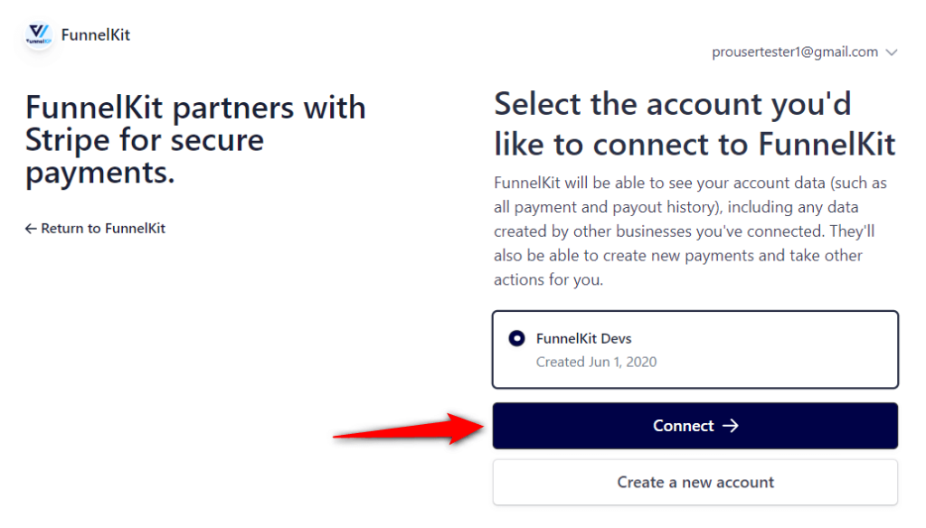 choose stripe account and connect