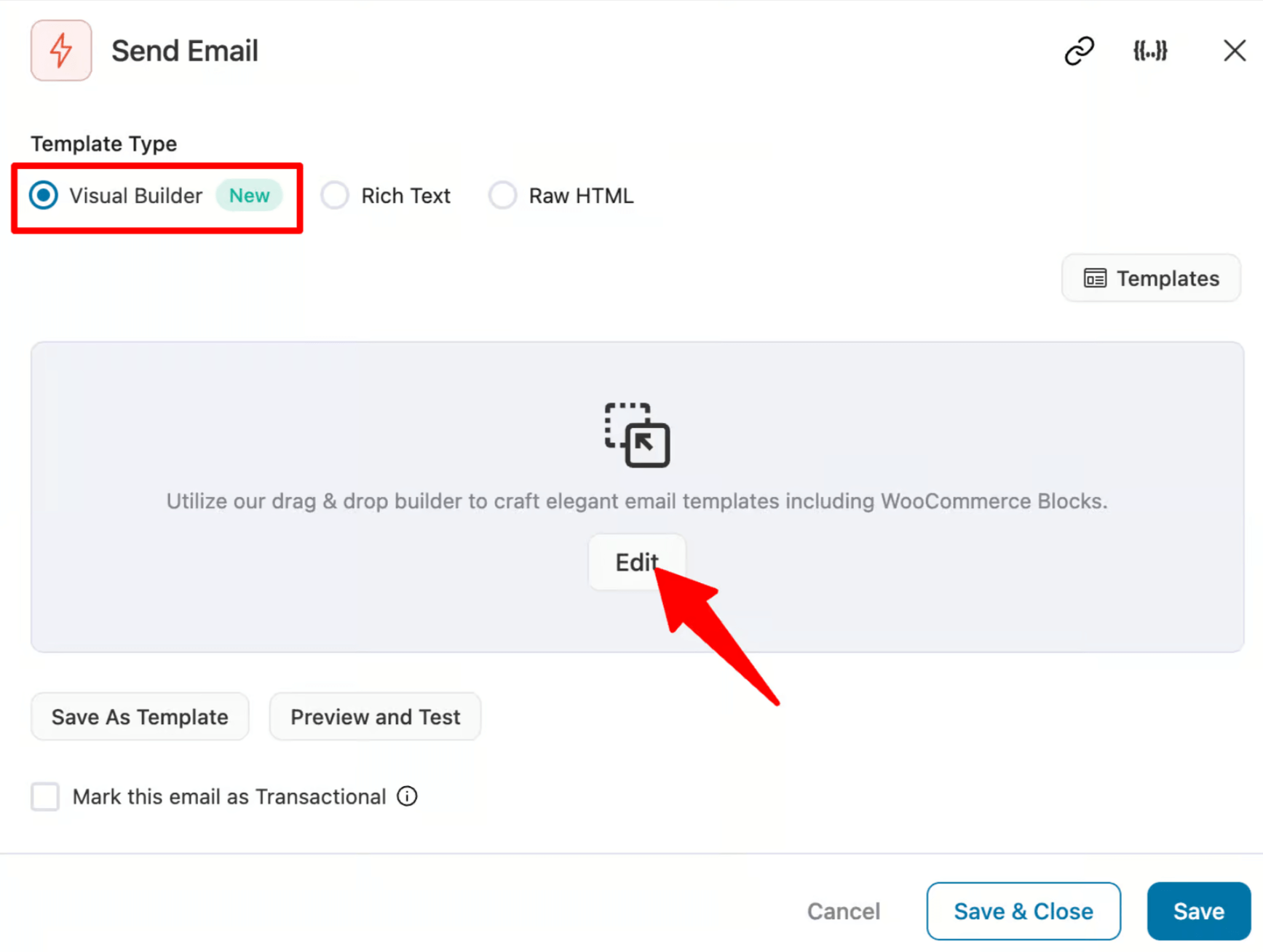 choose visual builder new for new registration email