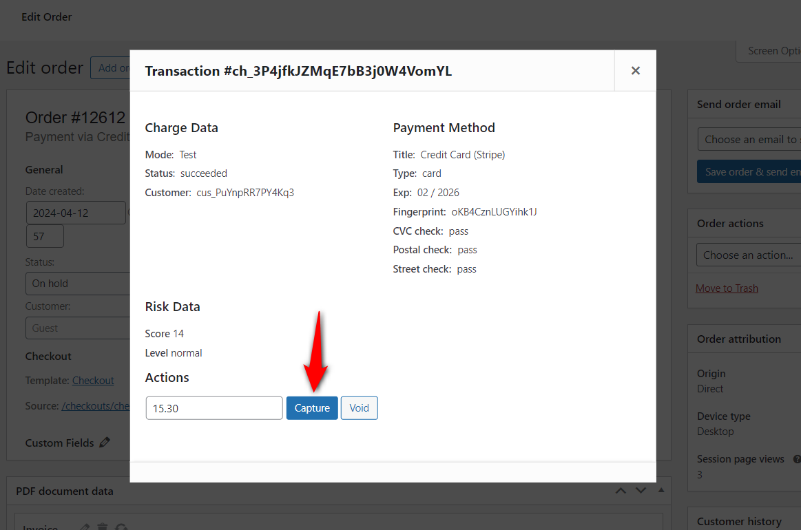 Manually charge this transaction by clicking on the Charge button under Transaction Data/Actions