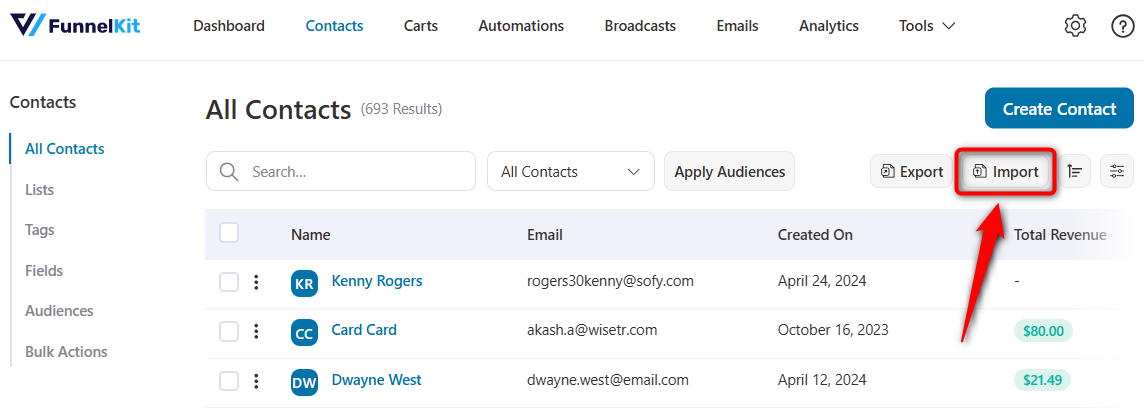 Click on import contacts in funnelkit automations