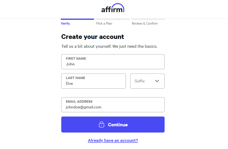 Testing woocommerce affirm payment - enter the first name, last name and email address
