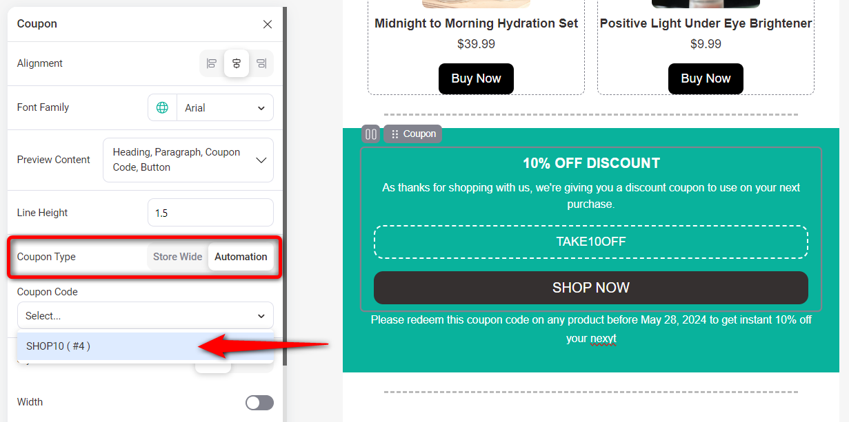 Select the static or dynamic coupons created inside funnelkit automations 3.0