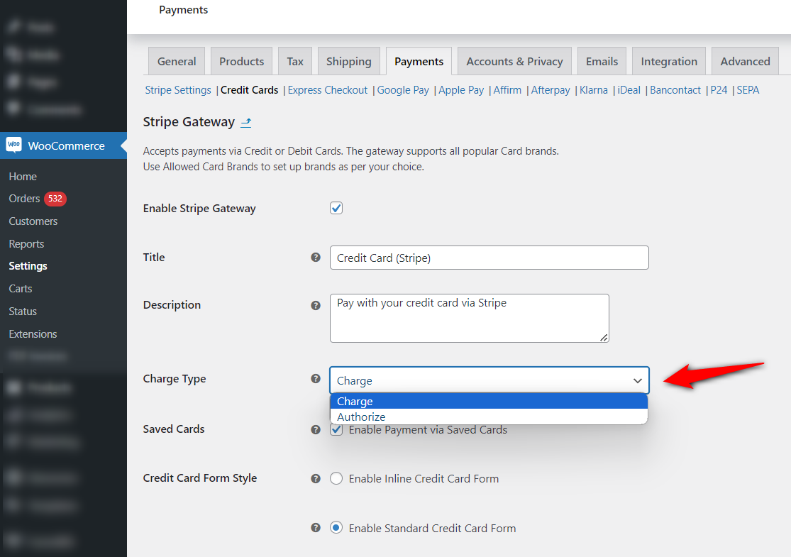 Two charge types available when setting up credit card payments - Authorize and Charge