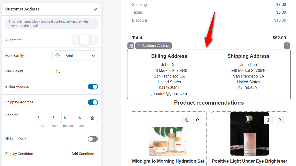 Drag and drop the shipping address block into your email - funnelkit automations 3.0