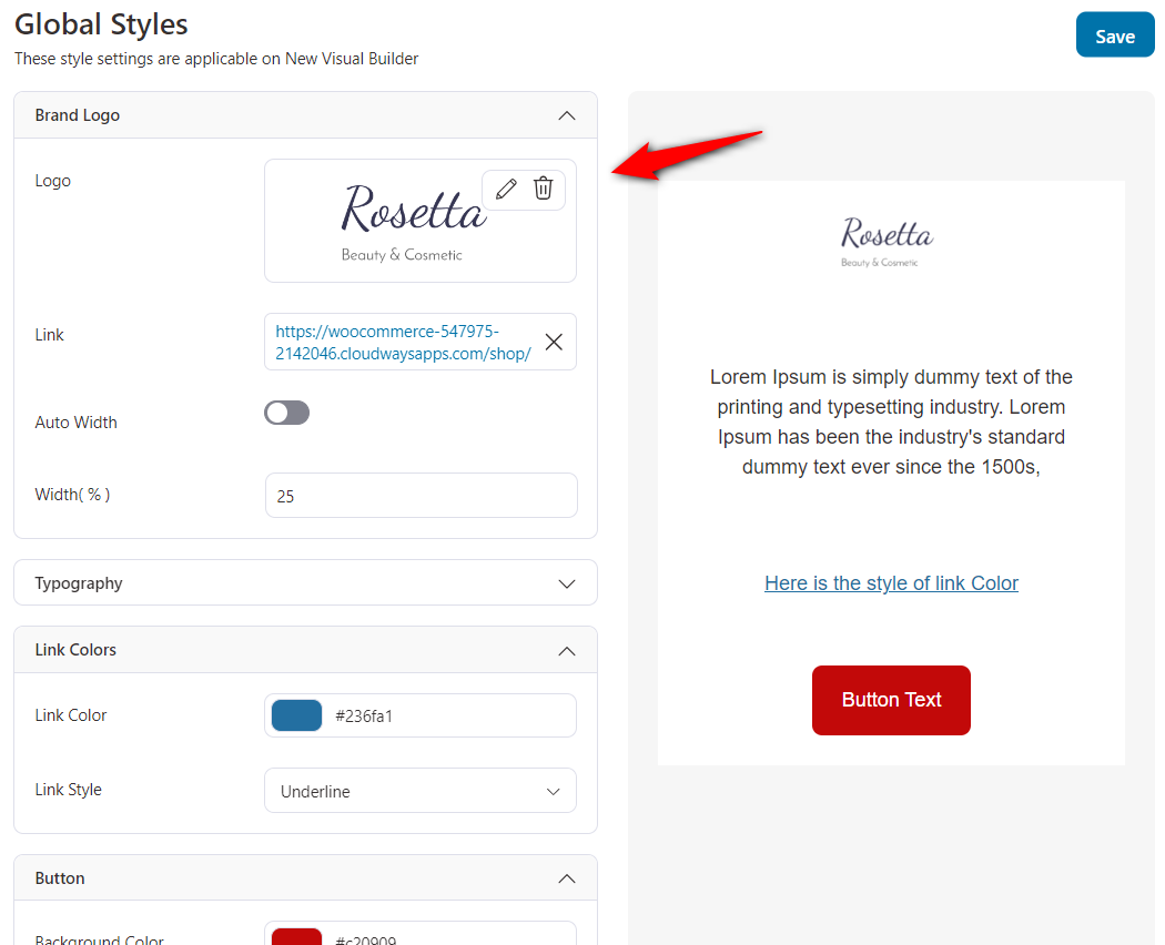 Configure the brand logo, typography, link colors, buttons, etc. under global styles