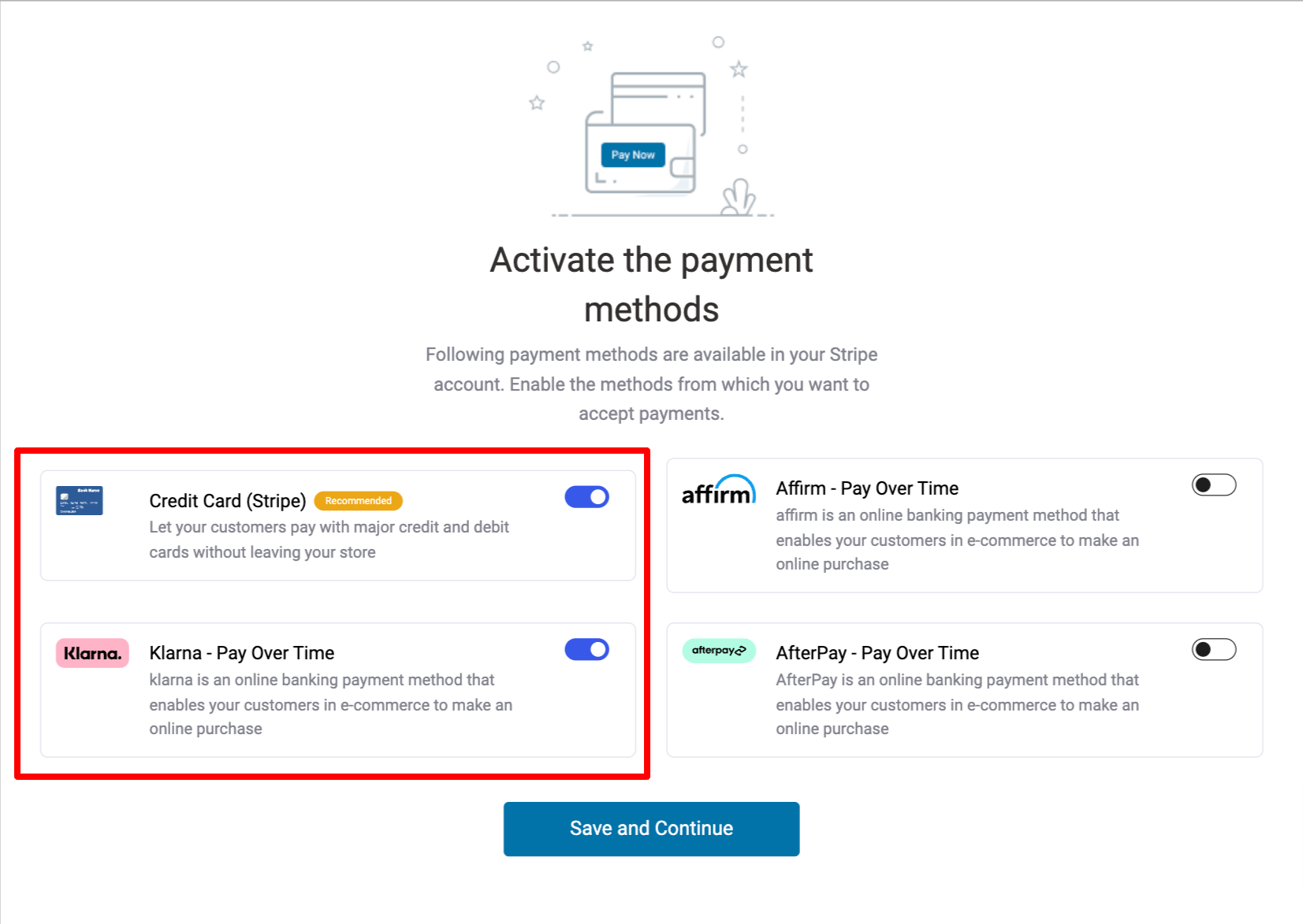 enable klarna and credit card payment