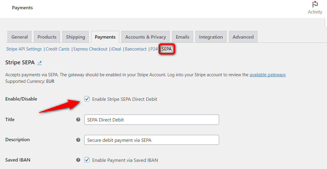 Enable the Stripe SEPA Direct Debit payment option in WooCommerce