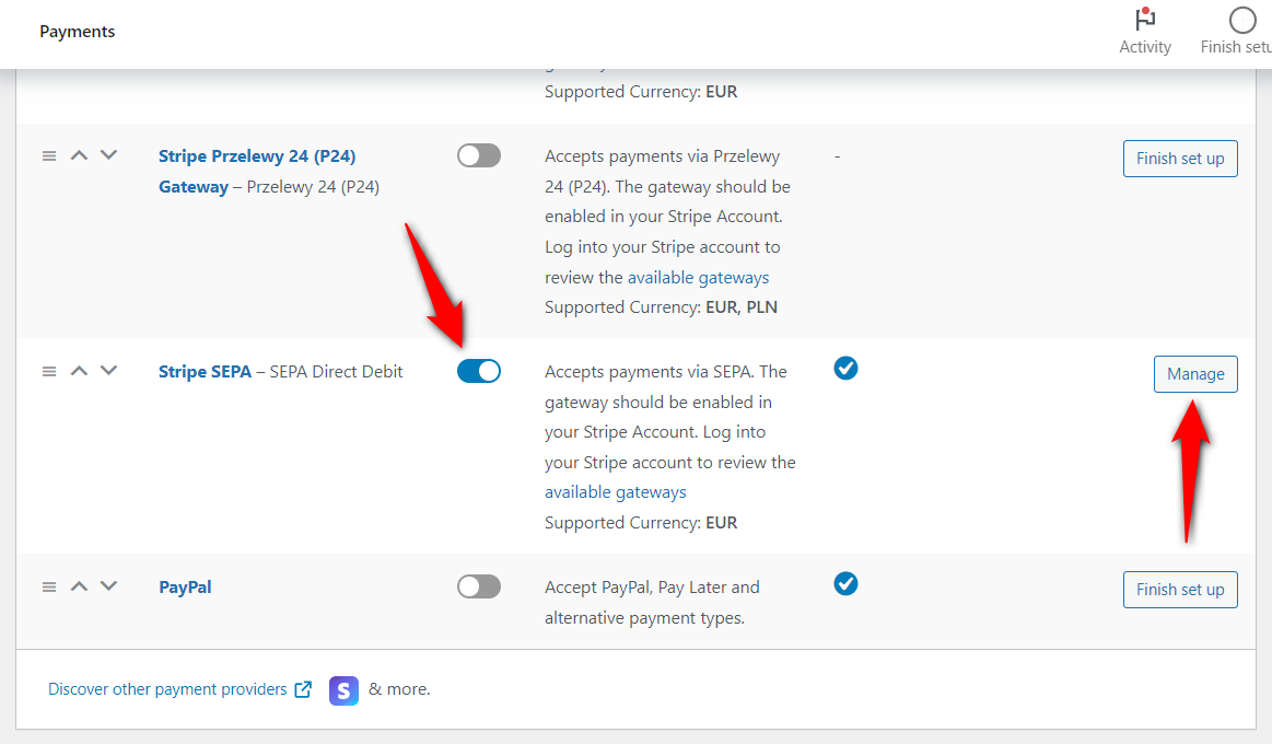 Turn on the toggle to WooCommerce Stripe SEPA Direct Debit payment method