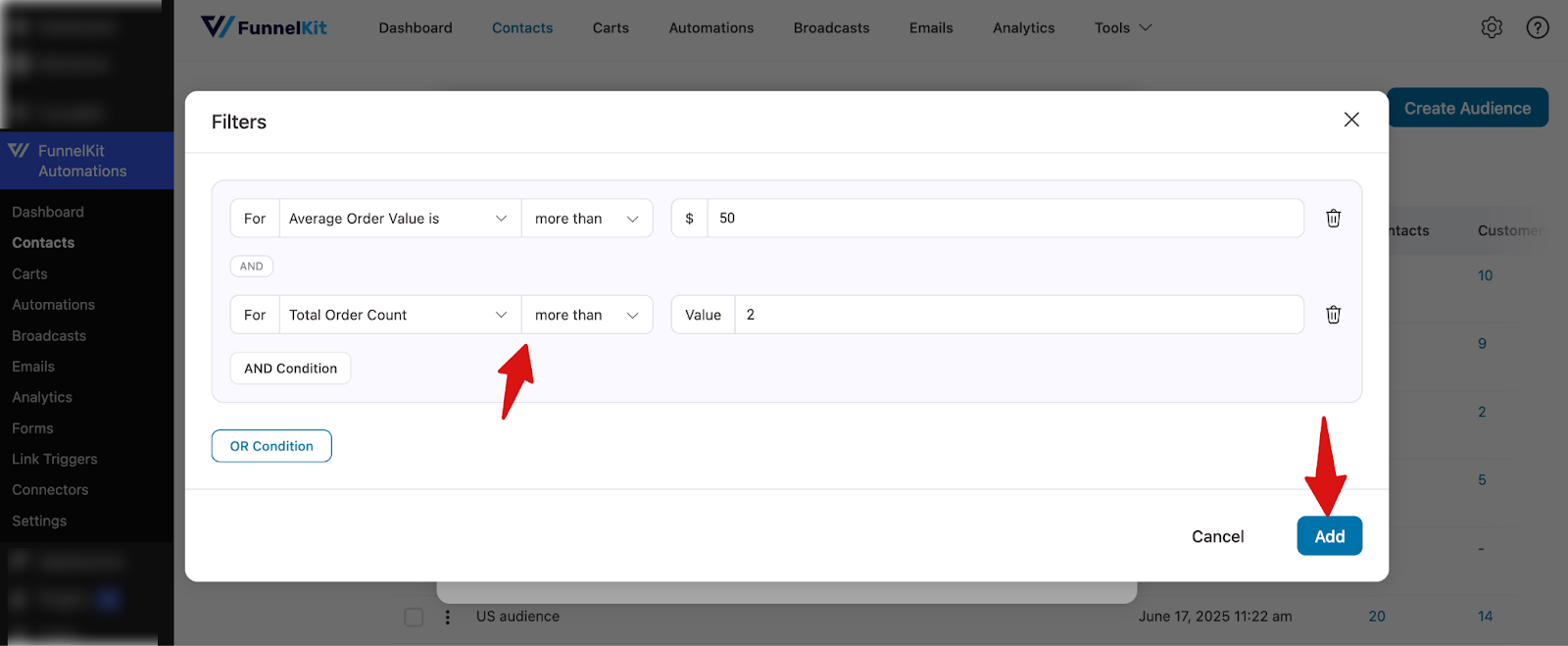 Applying AND condition for orders count greater than 2 in FunnelKit audience filter