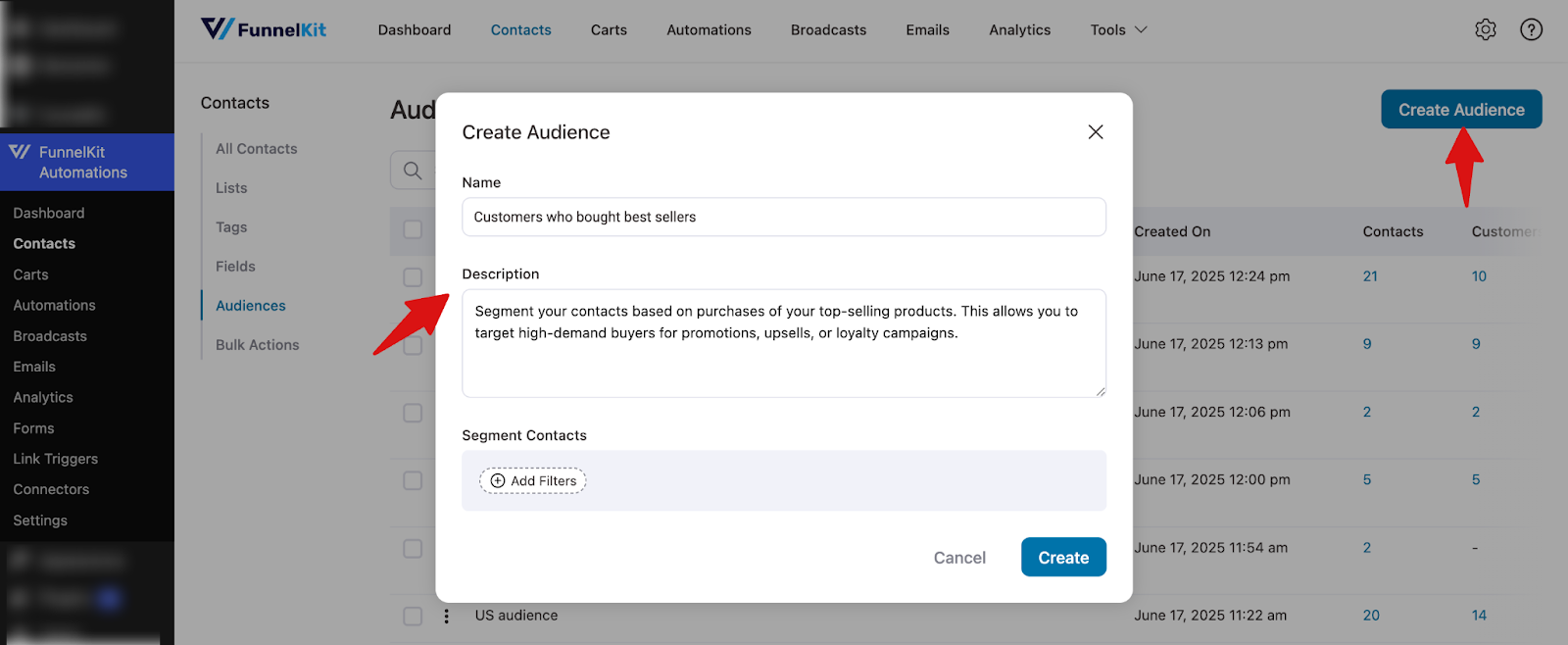 FunnelKit add new audience screen with name and description fields
