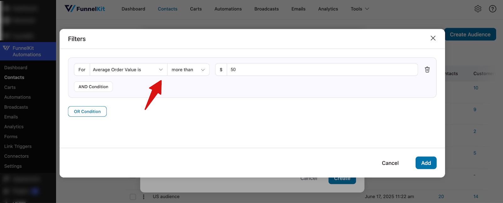 Selecting WooCommerce Average Order Value filter with value set above 500