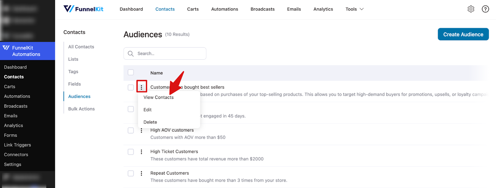 Viewing contacts under a FunnelKit audience using Action button