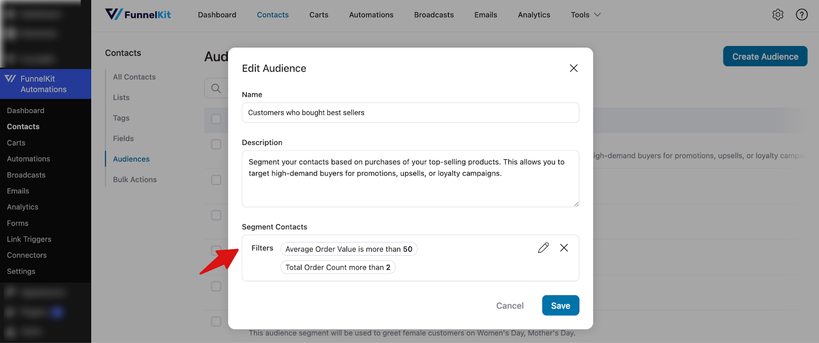 Changing audience name, description, and filters in FunnelKit automation