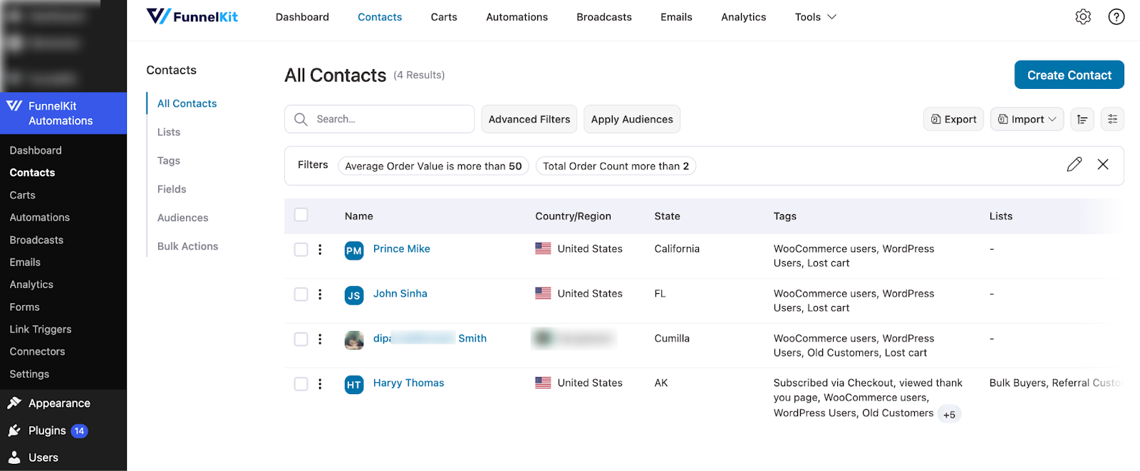 FunnelKit audience contacts list showing all filtered VIP customers