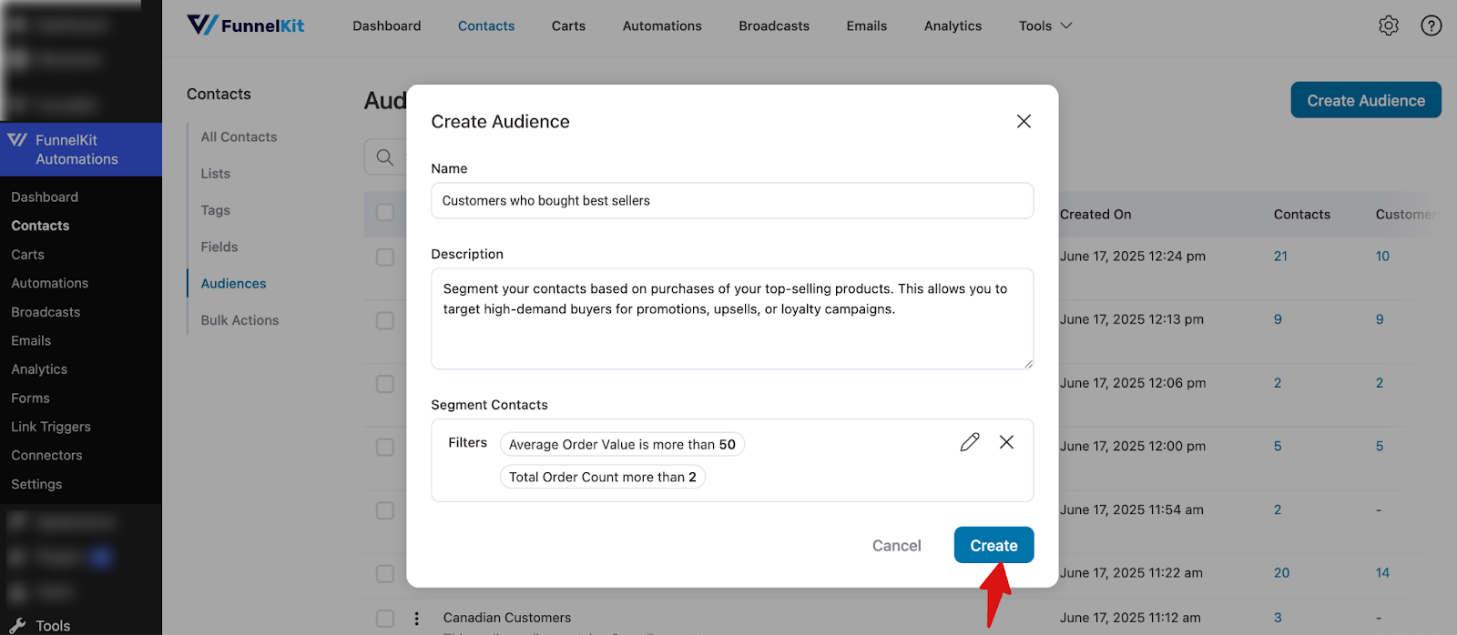 FunnelKit create audience button to save VIP customer segment