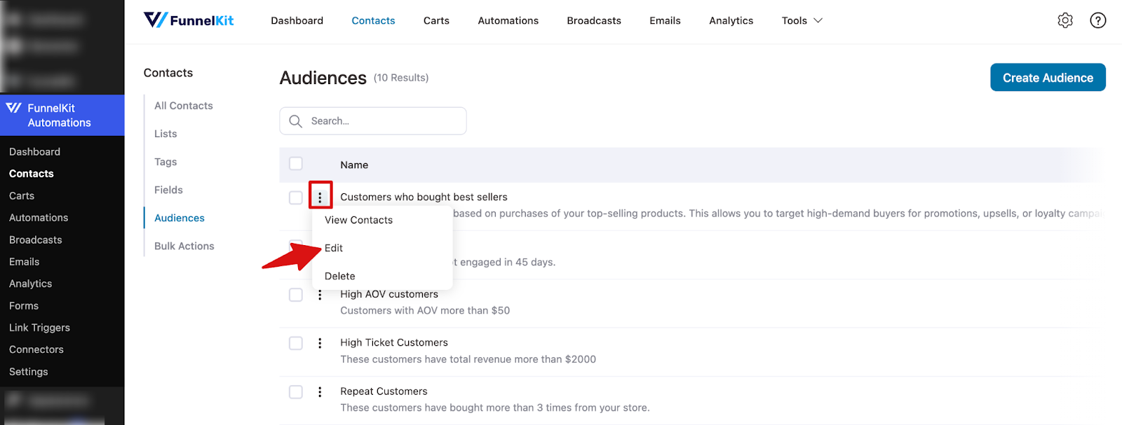 Editing a FunnelKit audience using the Edit option from Action menu