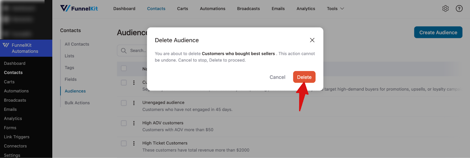 FunnelKit confirmation popup for deleting an audience