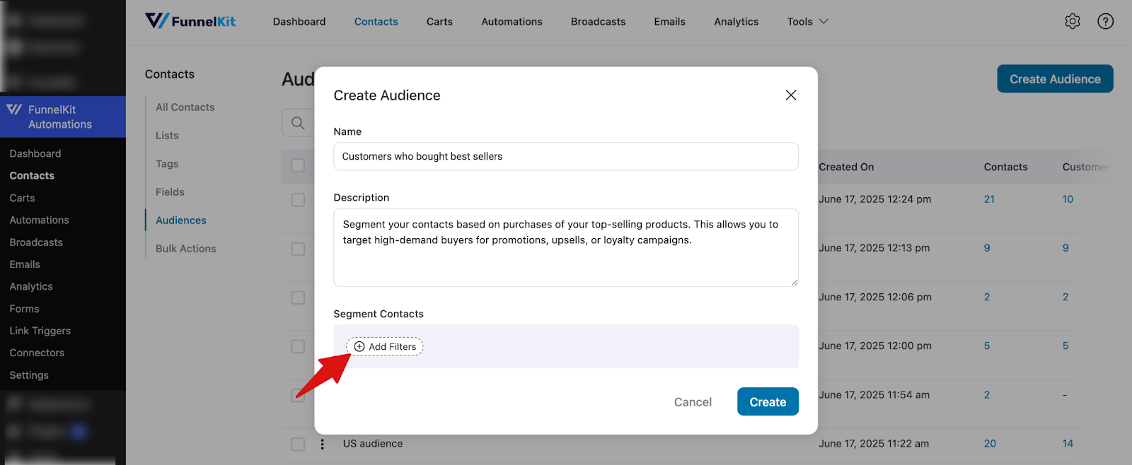 FunnelKit Add Filters button to set audience conditions in CRM automation