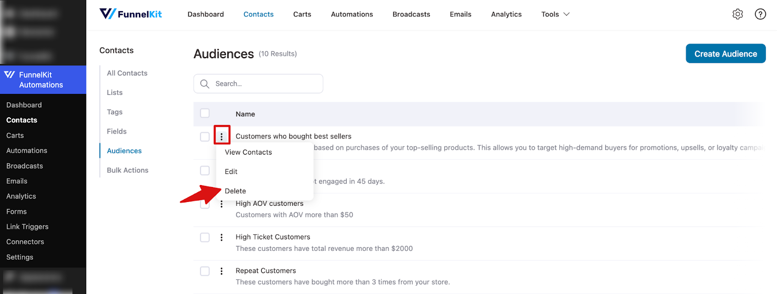 Deleting a FunnelKit audience using Action menu Delete option