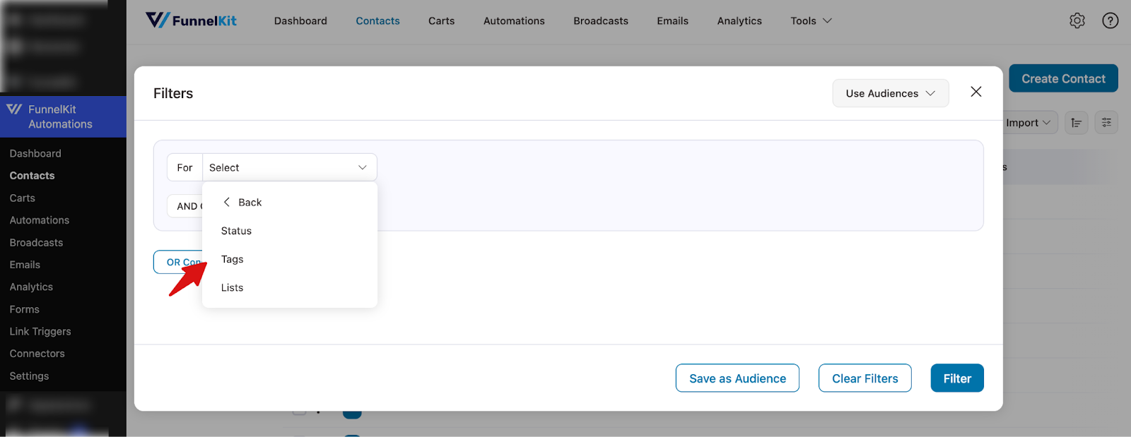 Filter contacts by status, tags, and lists in FunnelKit