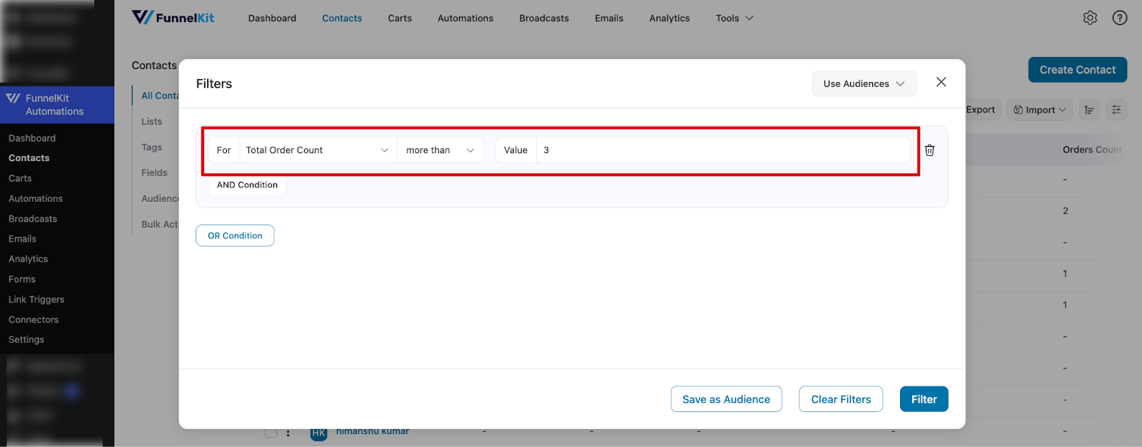 Filtered contact list showing frequent buyers