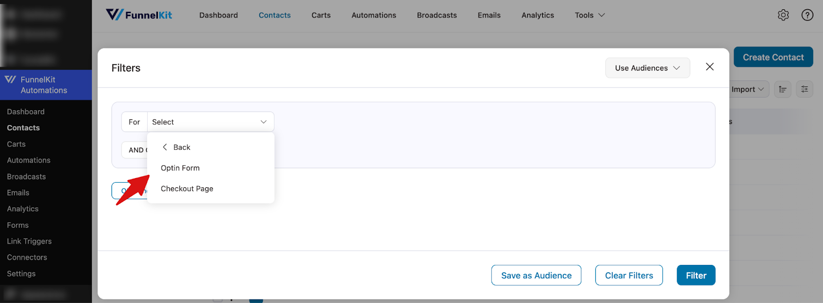 Filter contacts by FunnelKit opt-in or checkout page activity