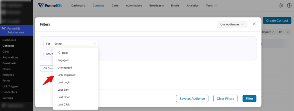 Filter contacts by engagement metrics including opens and clicks