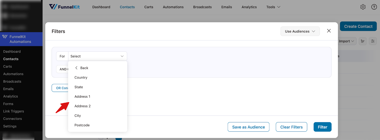 Filter contacts by address, country, state, city, or postal code