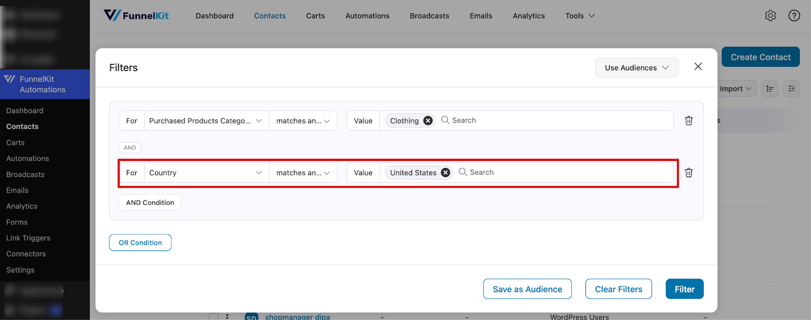 Example of AND condition to filter contacts