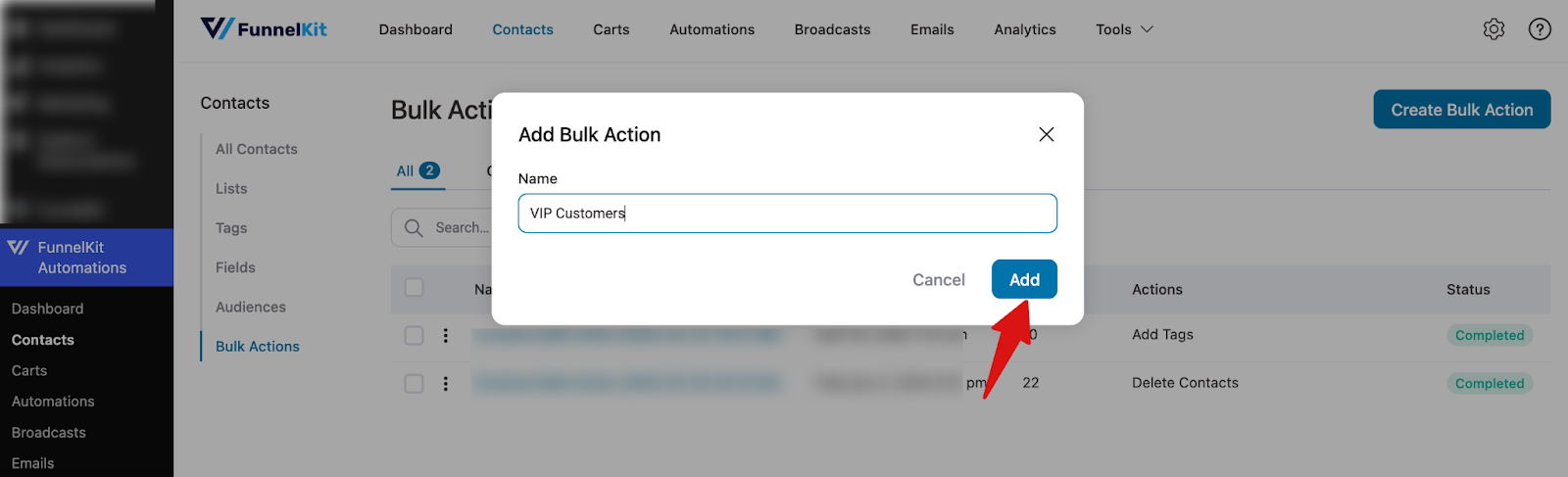Entering the name of the bulk action before creating it