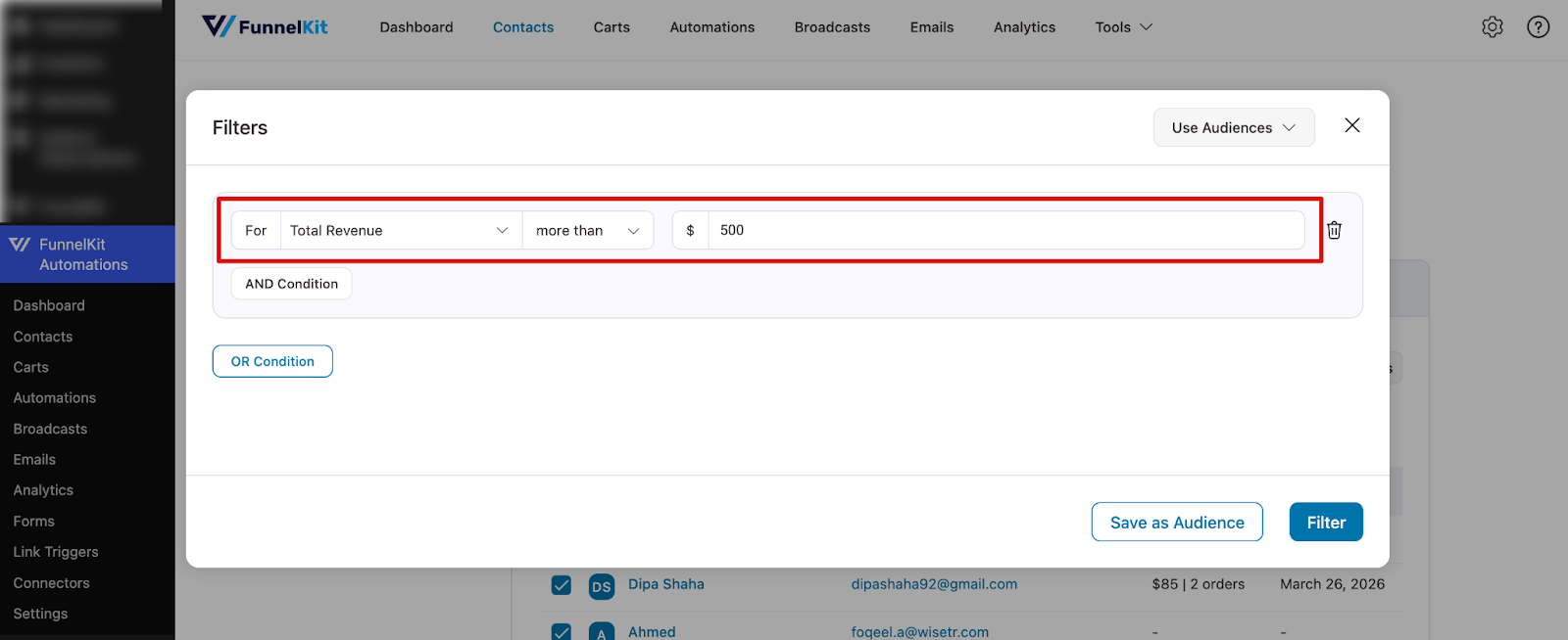 Selecting Total Revenue greater than 500 filter to segment high-value contacts