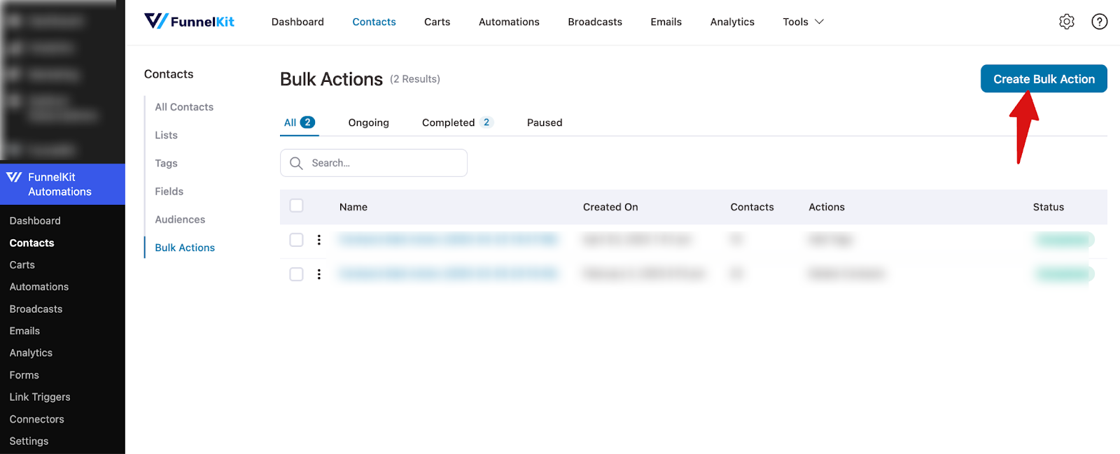 Navigating to Contacts and clicking on Create Bulk Action to start a new bulk action
