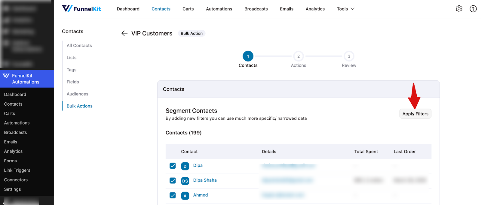 Clicking Apply Filters to begin segmenting contacts for bulk actions