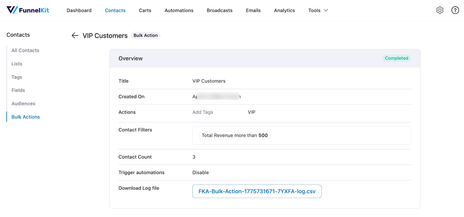 Reviewing bulk action details before starting the process
