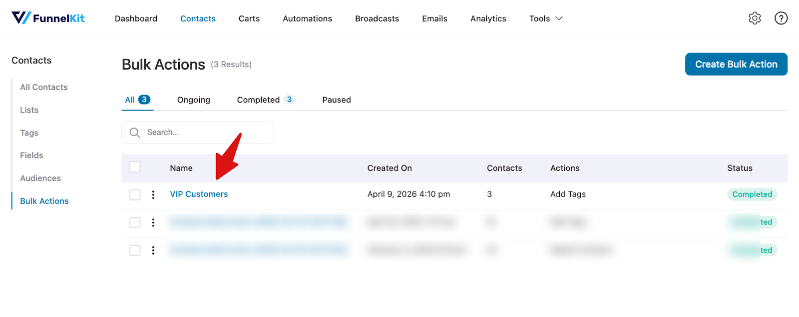 Confirmation screen showing successful completion of bulk action in FunnelKit Automations