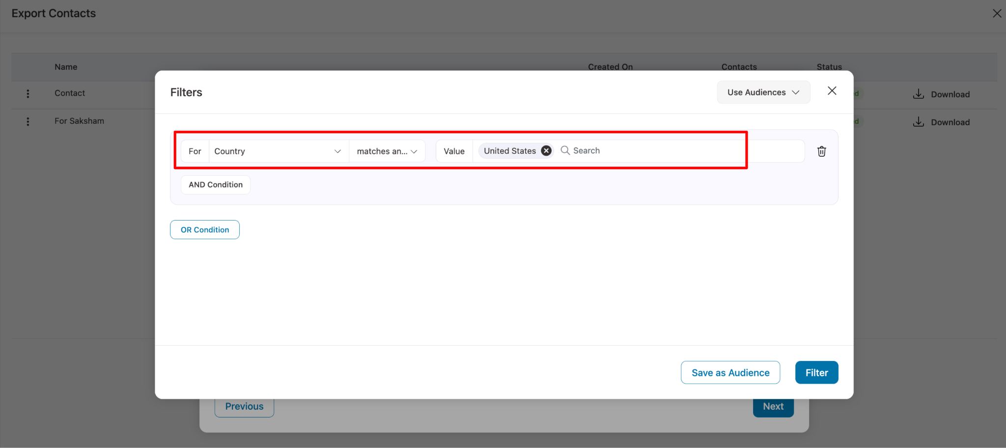 Filter condition setup showing country match example