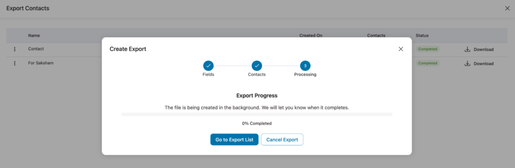 Export processing screen in FunnelKit Automations