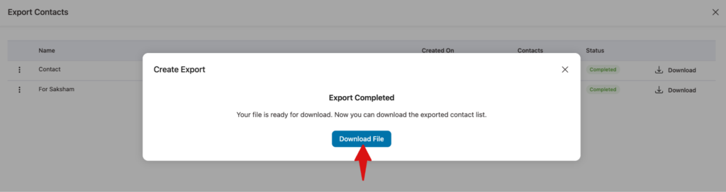 Download exported contacts CSV file button