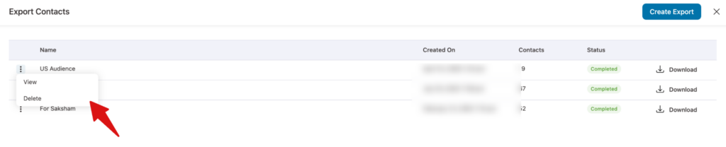 Export list showing file name, date, contact count and download option