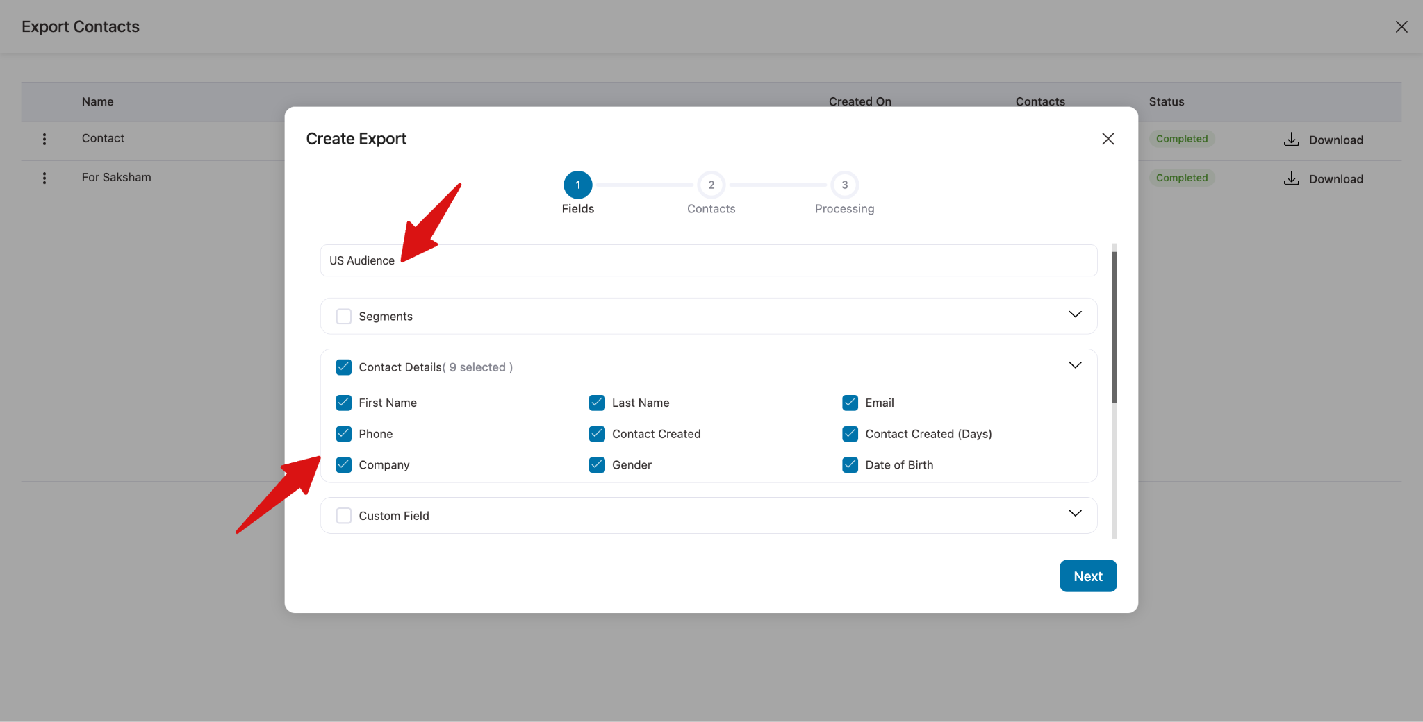 Select contact fields for export including details, geography, WooCommerce and engagement