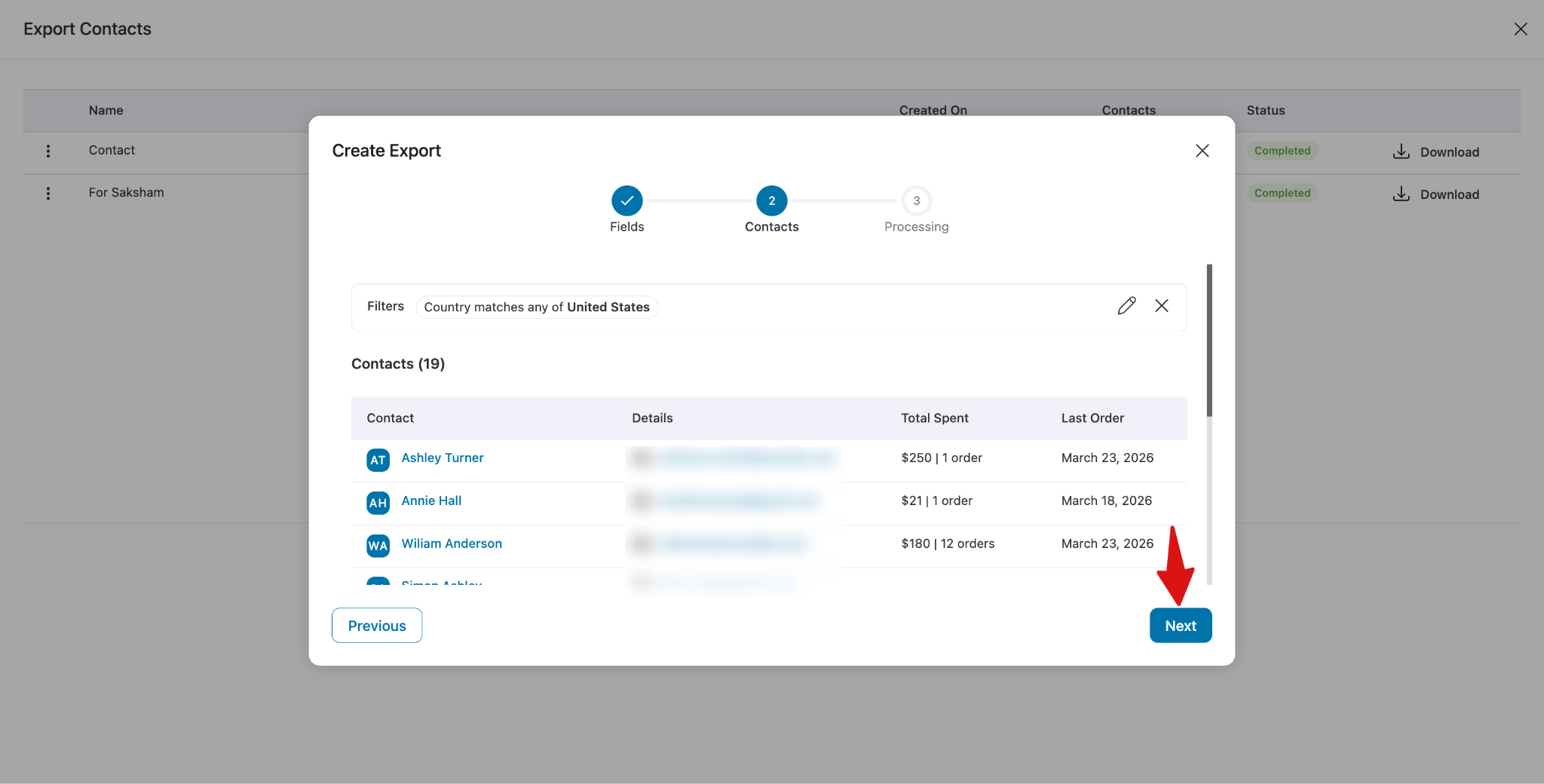 Review filtered contacts before exporting